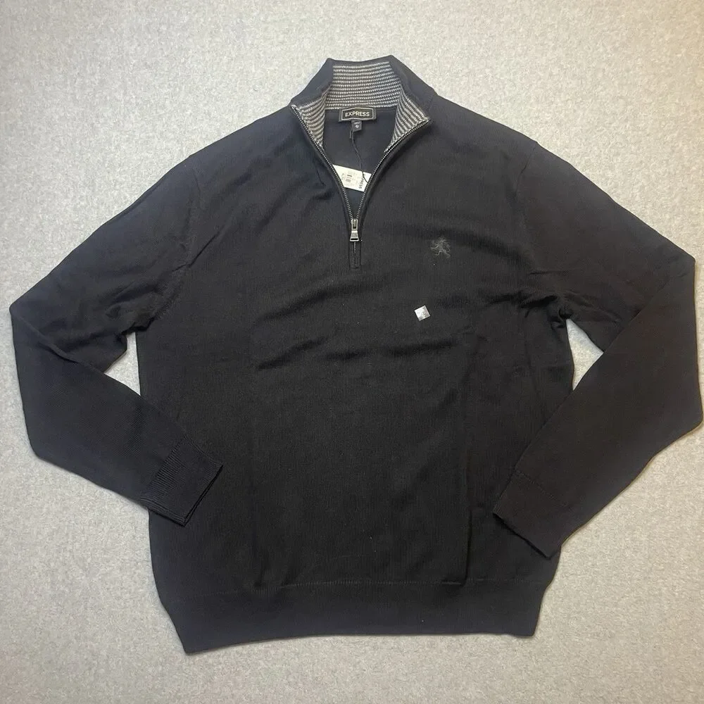 Vintage Express Men's Black Knit 1/4 Zip Mock Neck Pullover Sweater XL